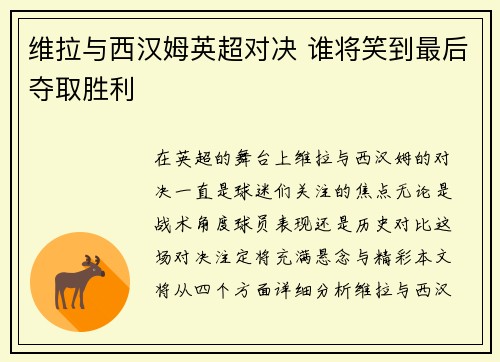 维拉与西汉姆英超对决 谁将笑到最后夺取胜利